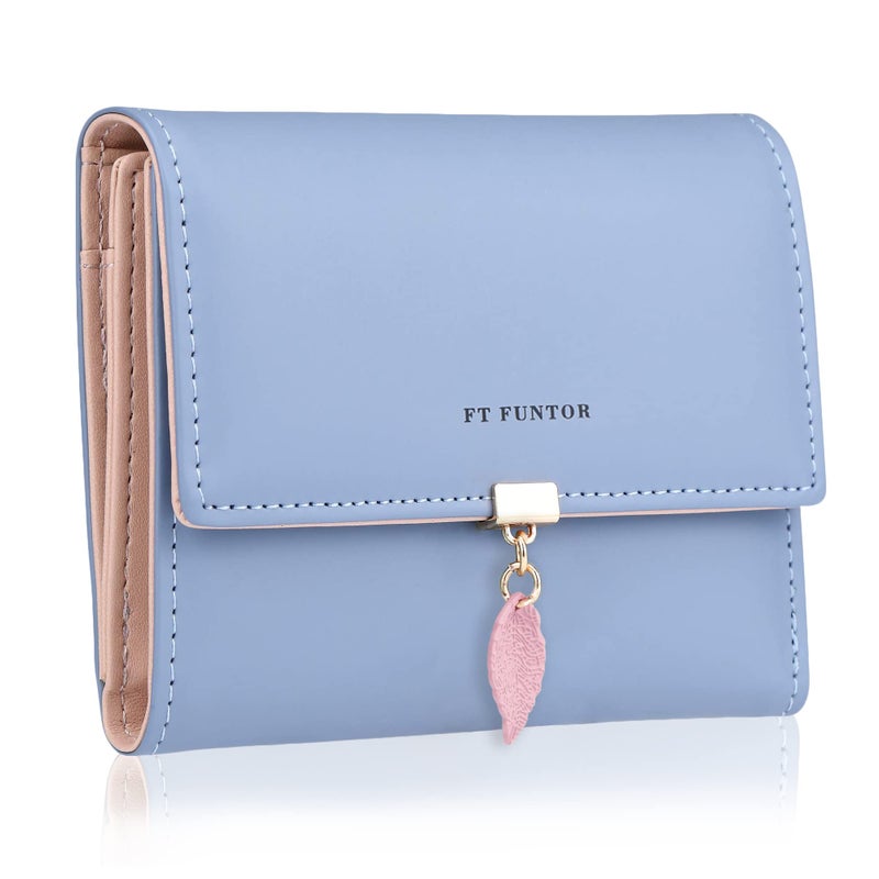 FT FUNTOR RFID Wallets for Women, Leaf Card Holder Trifold Ladies Wallets Coins Zipper Pocket with ID Window Blue - Image 1